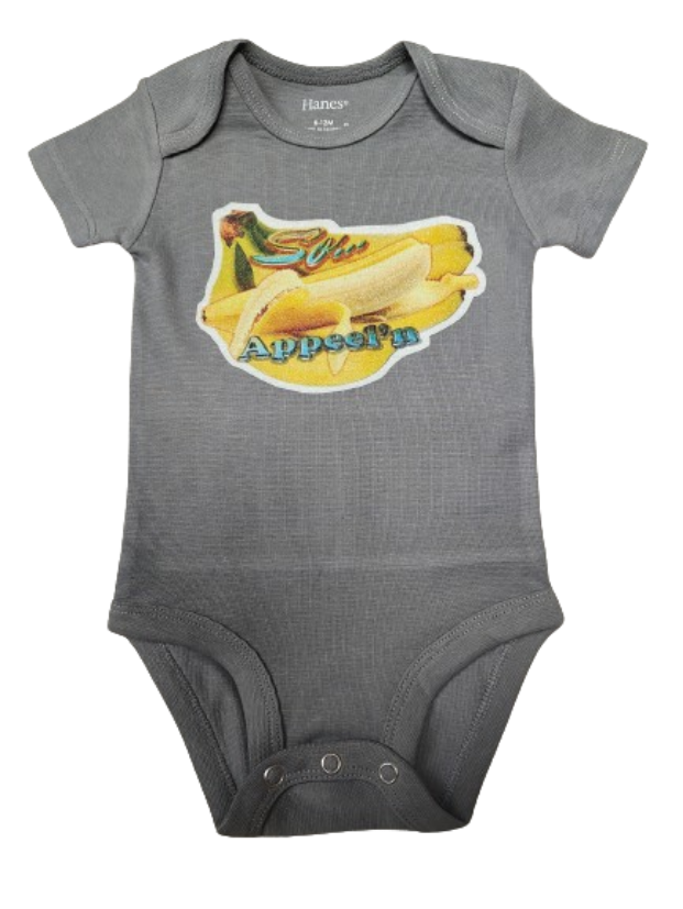 So Appeelin gray baby bodysuit glitter banana hand-pressed
Banana-themed baby bodysuit 6-12 months
www.justsaynpromos.com
