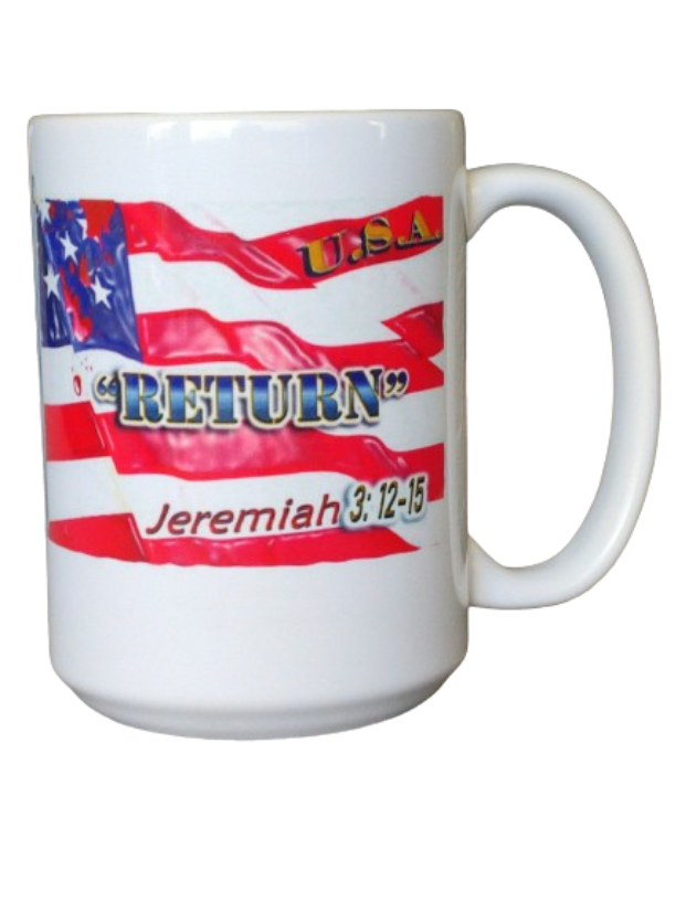 A white 15oz patriotic Christian mug featuring a waving American flag design across the front. The word "RETURN" is prominently displayed in blue and white, with "USA" in red above it, and "Jeremiah 3: 12-15" in red below, making it a powerful USA flag bible verse mug and faith and country gift mug.
www.justsaynpromos.com