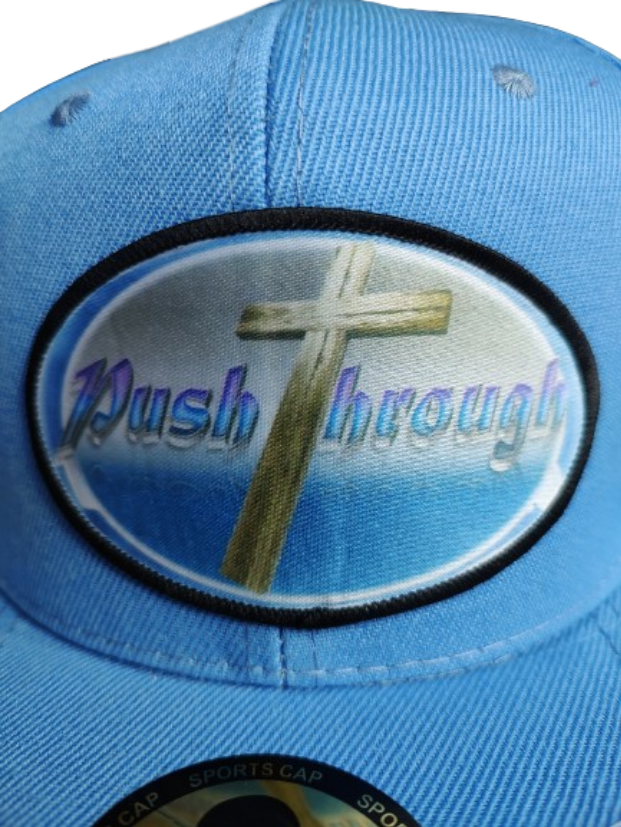 Push Through Cross Black Frame 6 Panel Flat Bill Hat Blue