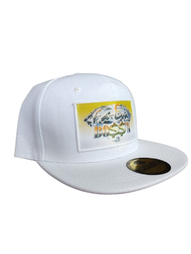 Fa-Eva Boss'n Diamond and Money Signs White Frame 6 Panel Flat Bill Hat White