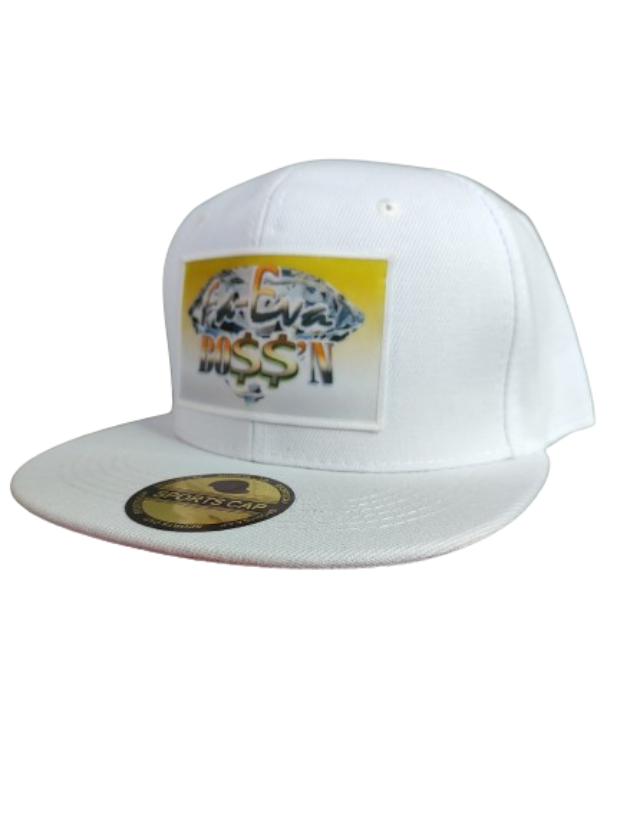 Fa-Eva Boss'n Diamond and Money Signs White Frame 6 Panel Flat Bill Hat White