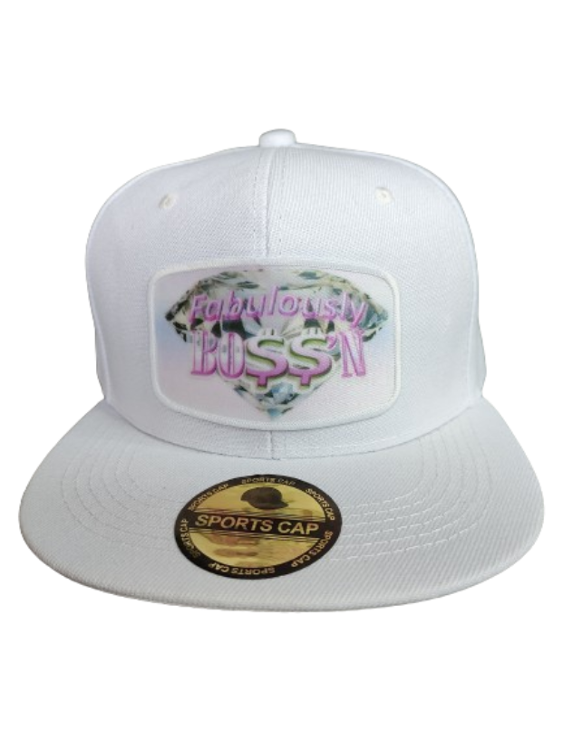 Fabulously Boss'n Diamond White Frame 6 Panel Flat Bill Hat White